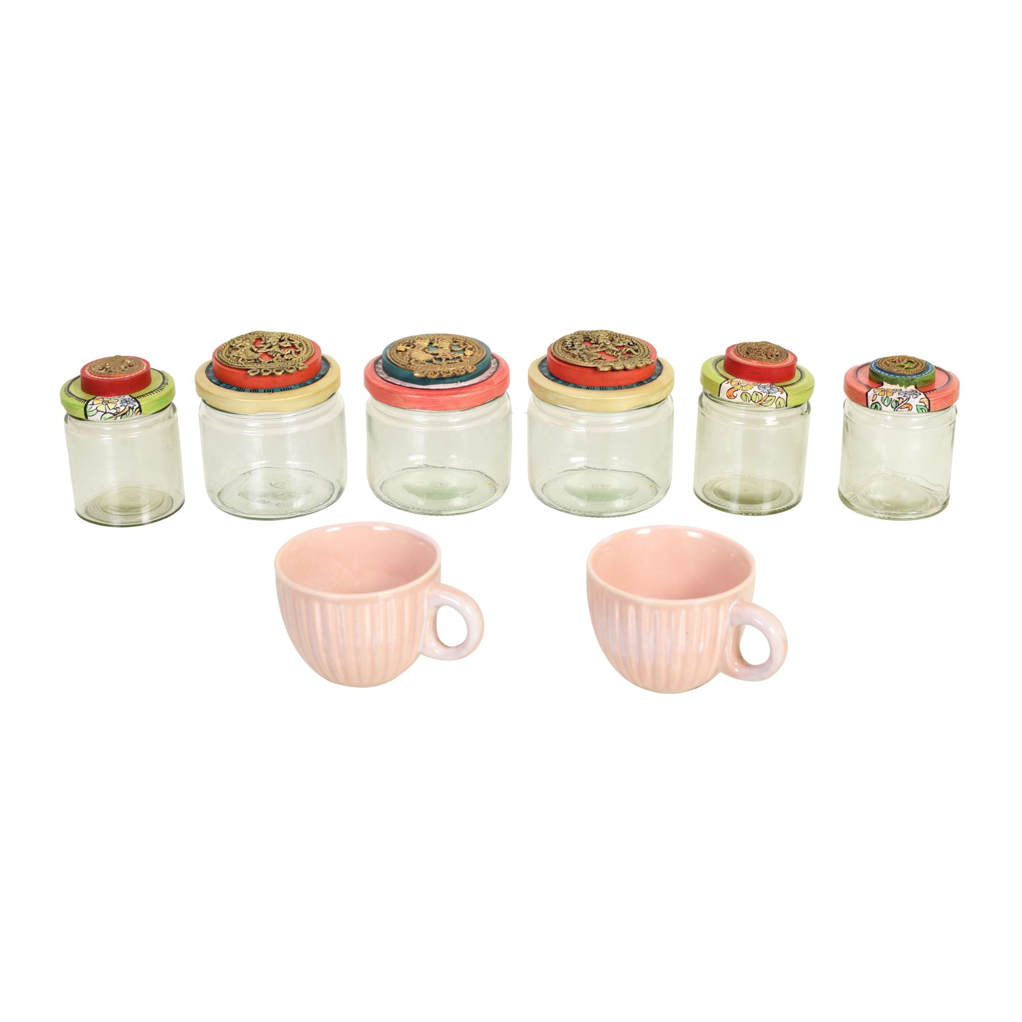 Handcrafted Wooden Tray Set with 6 Painted Glass Jars and 2 Ceramic Cups, Colorful Kitchen and Serving Organizer