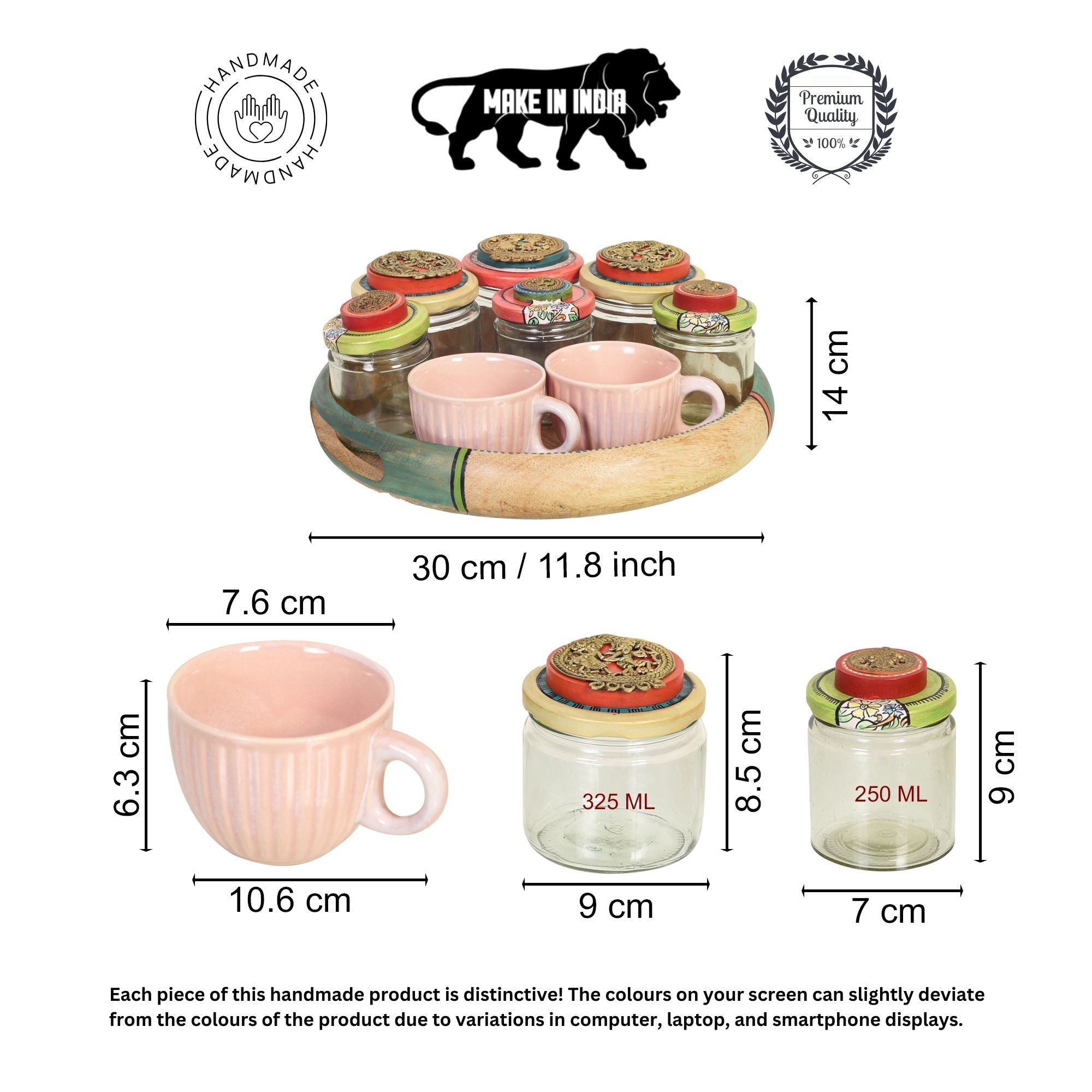 Handcrafted Wooden Tray Set with 6 Painted Glass Jars and 2 Ceramic Cups, Colorful Kitchen and Serving Organizer