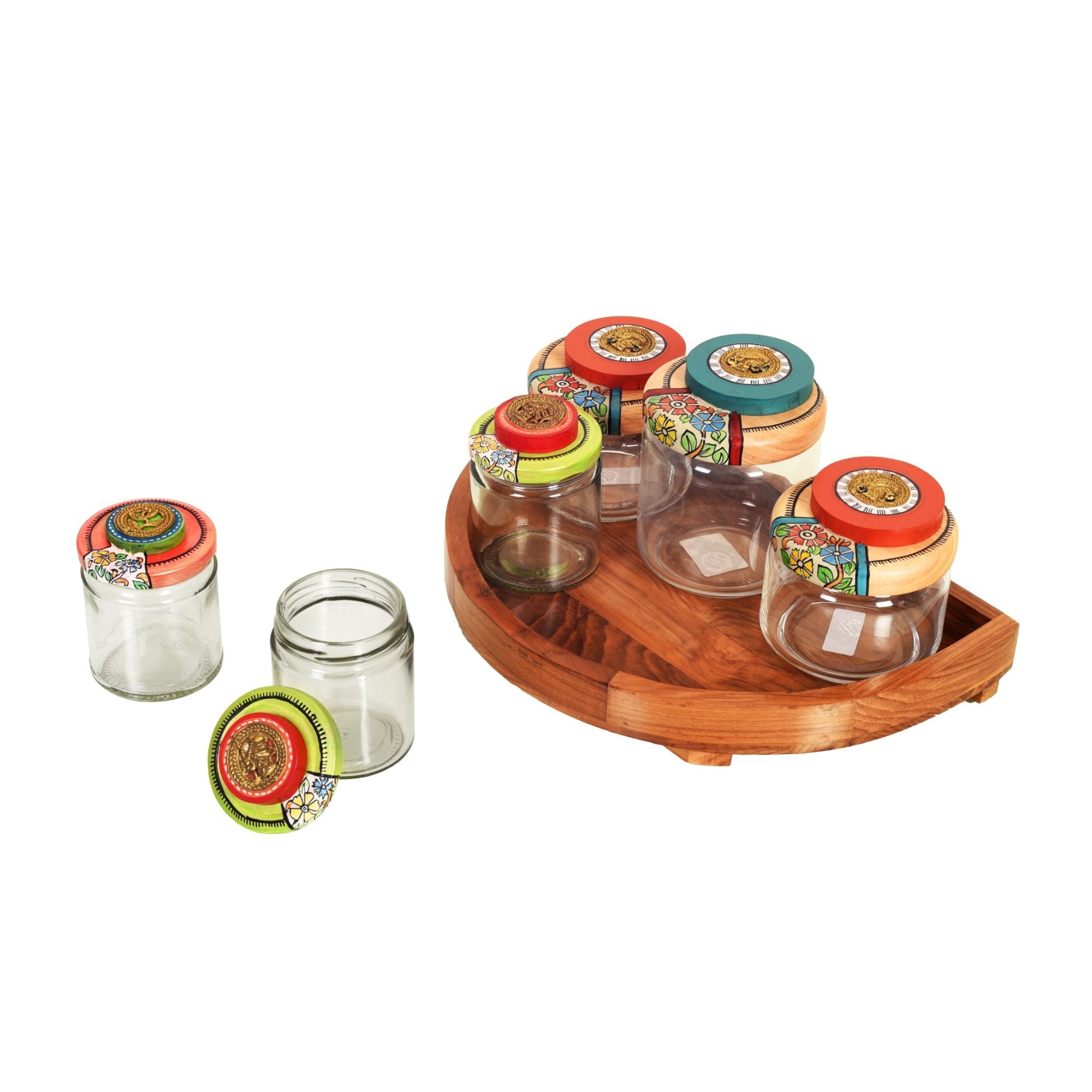 Rainbow Pickle Jars with Handcrafted Wooden Lids in Round Tray, Colorful Glass Jar Set for Kitchen and Dining