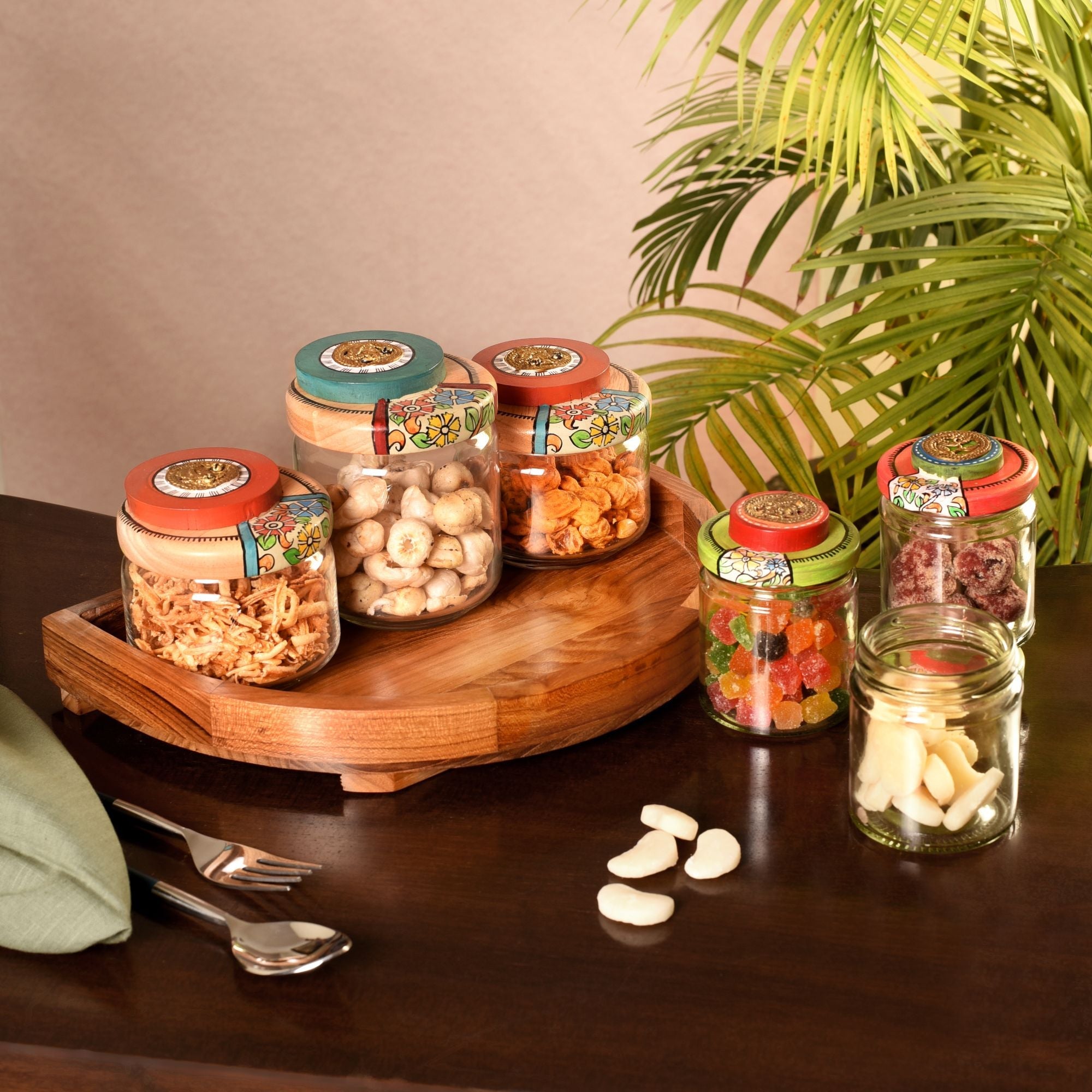 Rainbow Pickle Jars with Handcrafted Wooden Lids in Round Tray, Colorful Glass Jar Set for Kitchen and Dining