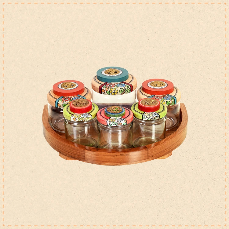 Rainbow Pickle Jars with Handcrafted Wooden Lids in Round Tray, Colorful Glass Jar Set for Kitchen and Dining