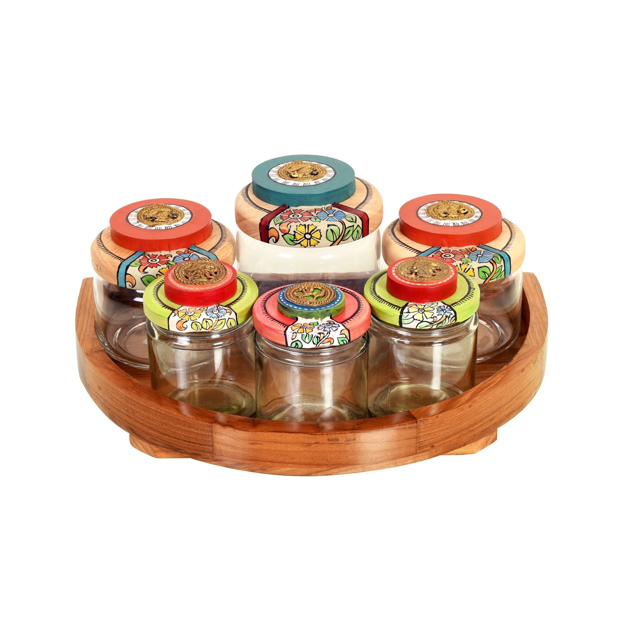 Rainbow Pickle Jars with Handcrafted Wooden Lids in Round Tray, Colorful Glass Jar Set for Kitchen and Dining