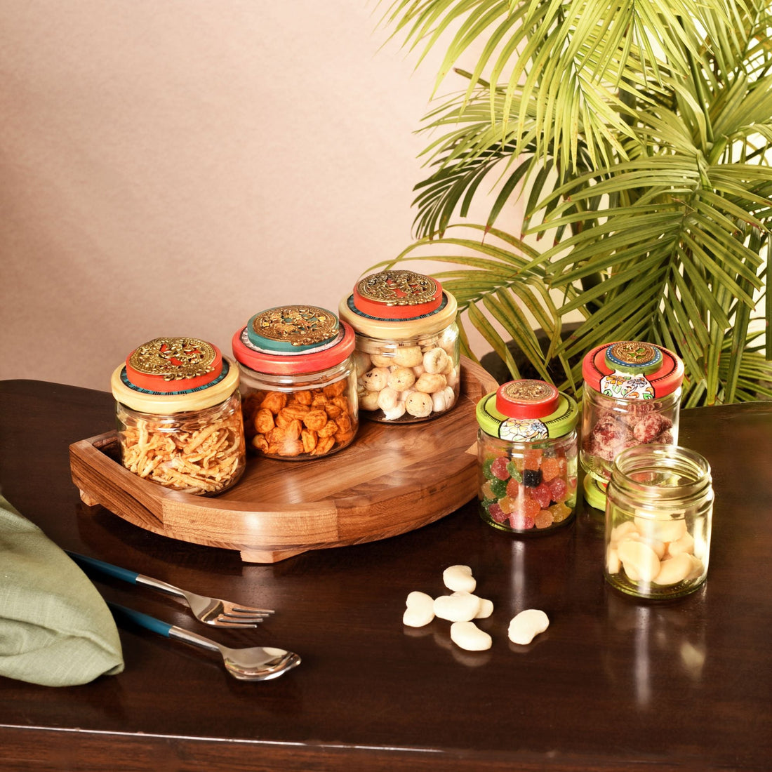 Rainbow Pickle Jars with Handcrafted Wooden Lids in Round Tray, Colorful Glass Jar Set for Kitchen and Dining
