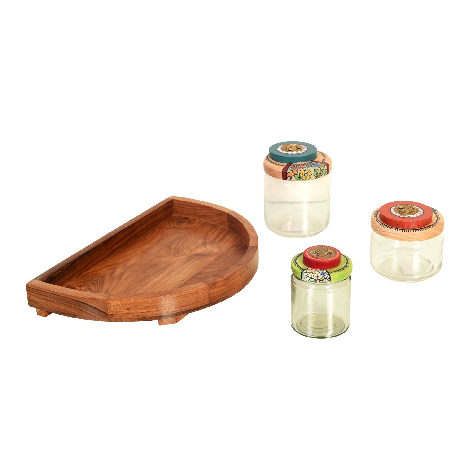 Rainbow Pickle Jars with Handcrafted Wooden Lids in Round Tray, Colorful Glass Jar Set for Kitchen and Dining