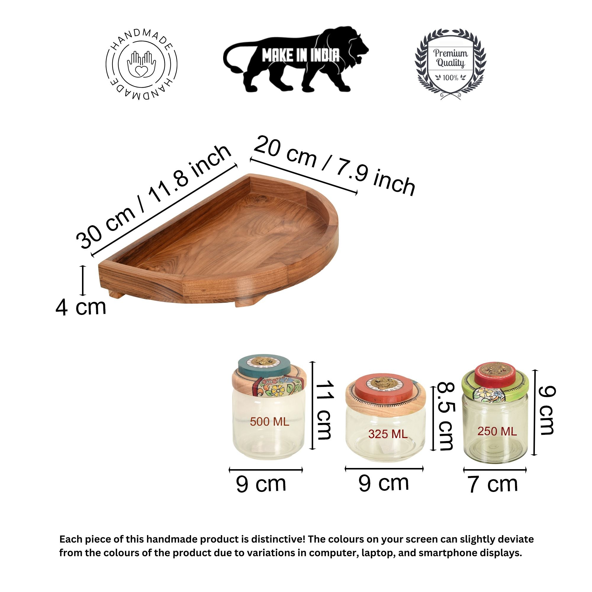 Rainbow Pickle Jars with Handcrafted Wooden Lids in Round Tray, Colorful Glass Jar Set for Kitchen and Dining