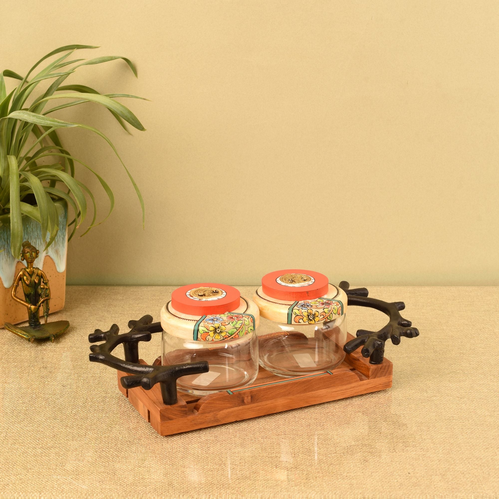 Leaf-Luxe Tray with Duo Jars