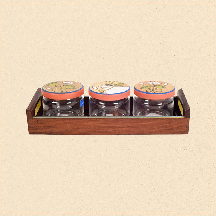 Tray in wood & 3 Glass Jars Madhubani Lid (Set of 4) (11.5x5.5)