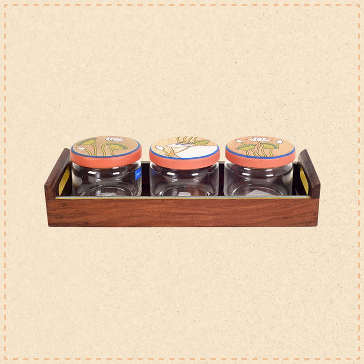 Tray in wood & 3 Glass Jars Madhubani Lid (Set of 4) (11.5x5.5)