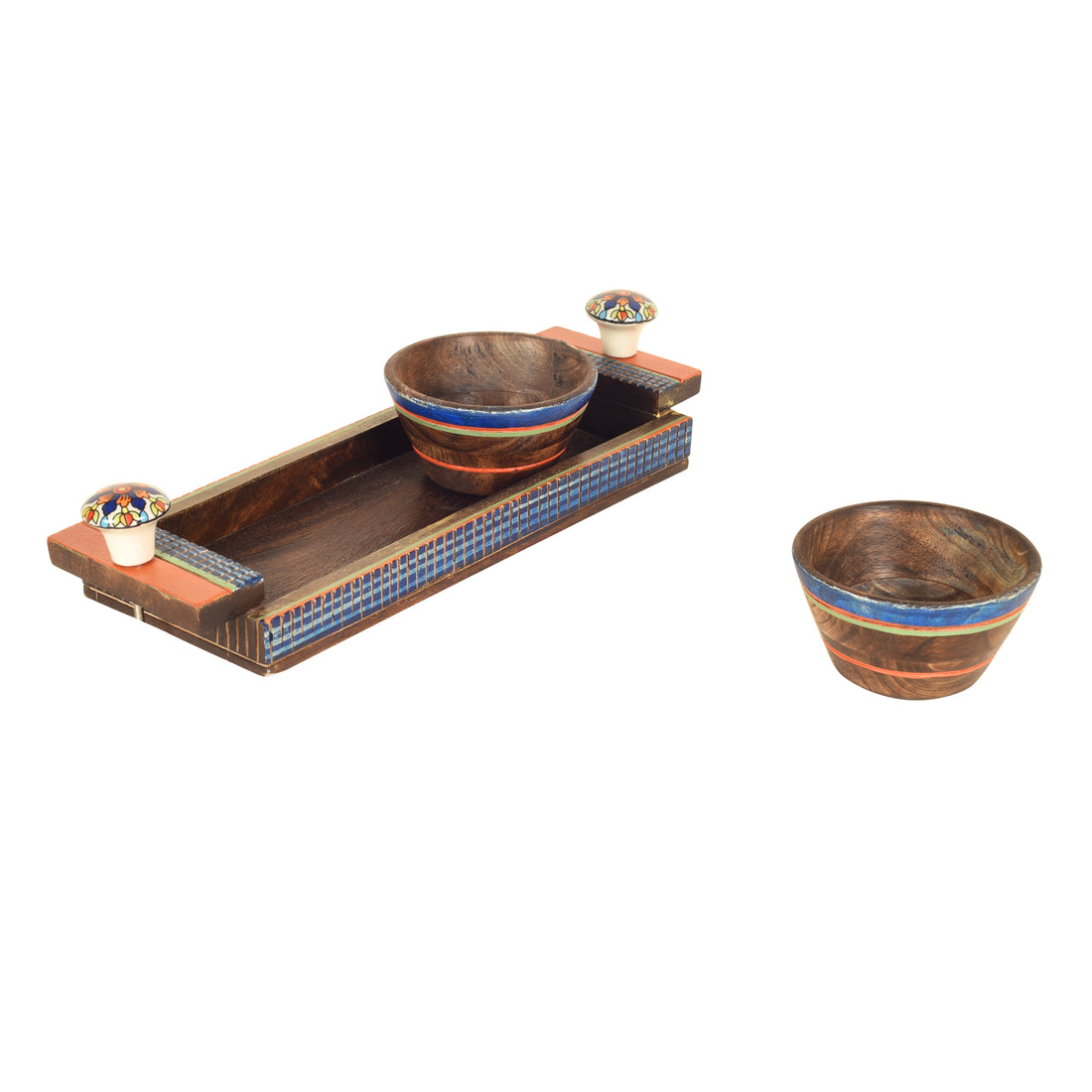 Handcrafted Wooden Serving Bowls with Tray S03 (14x5x2.5)