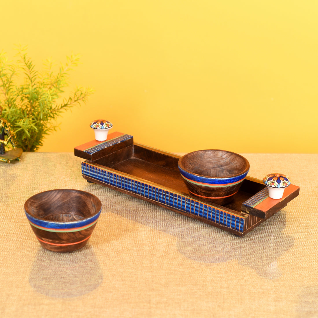 Handcrafted Wooden Serving Bowls with Tray S03 (14x5x2.5)