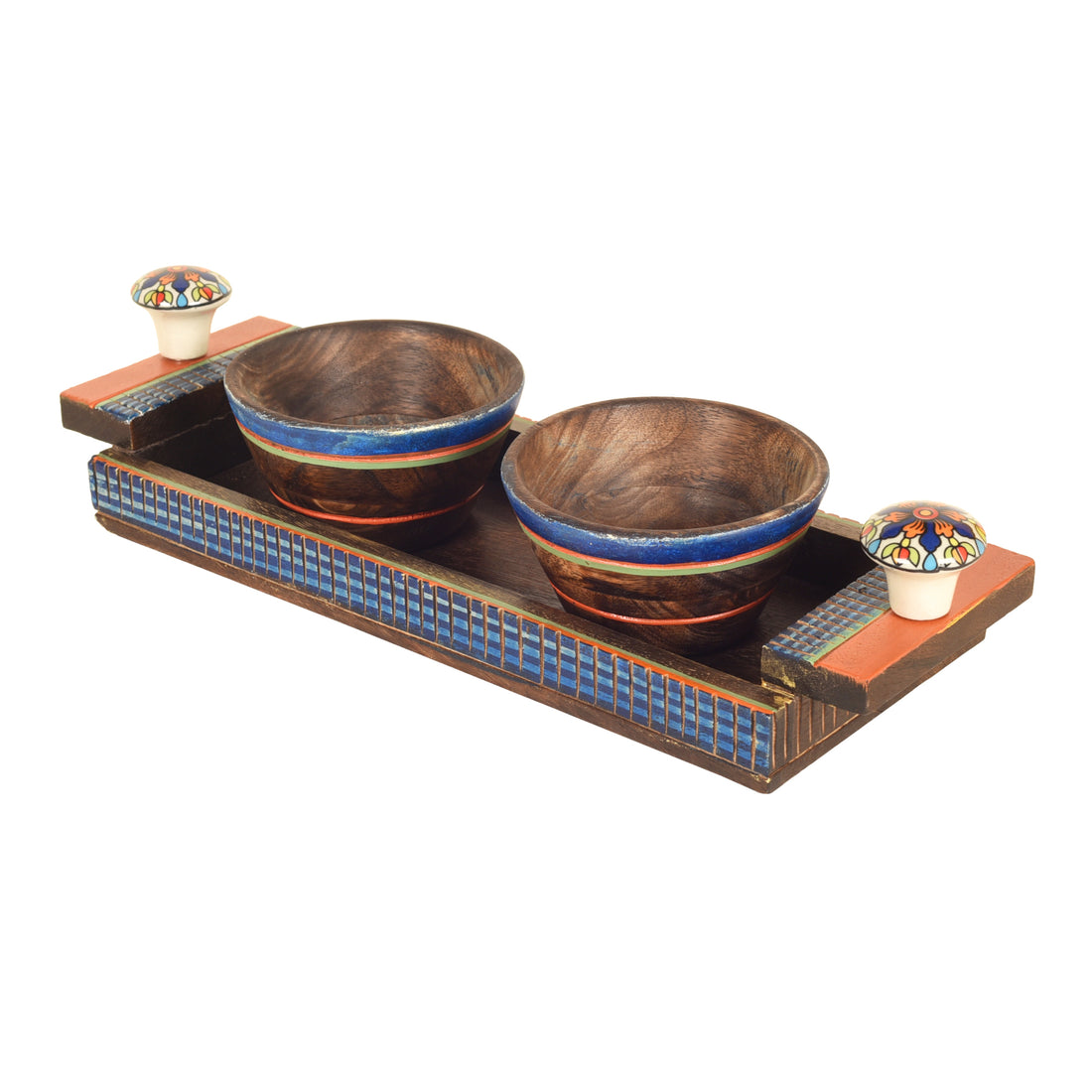 Handcrafted Wooden Serving Bowls with Tray S03 (14x5x2.5)