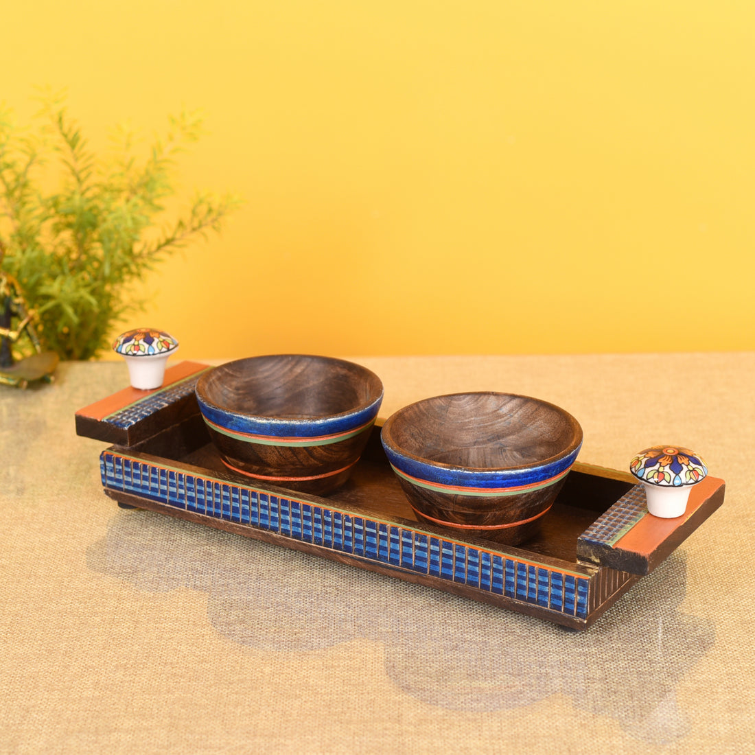 Handcrafted Wooden Serving Bowls with Tray S03 (14x5x2.5)