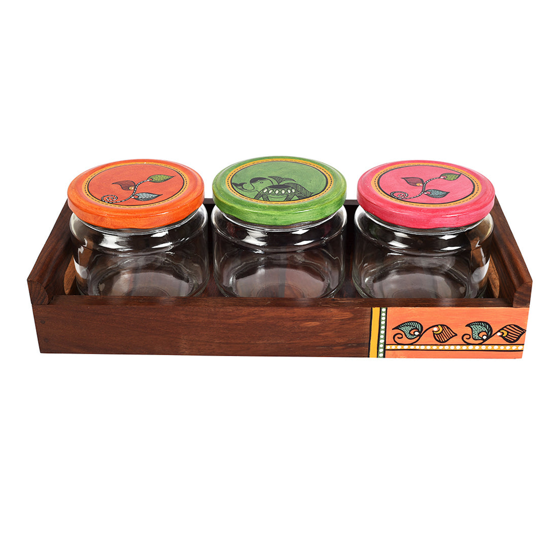 Tray in wood & 3 Glass Jars Madhubani Lid (Set of 4) (11.5x5.5)