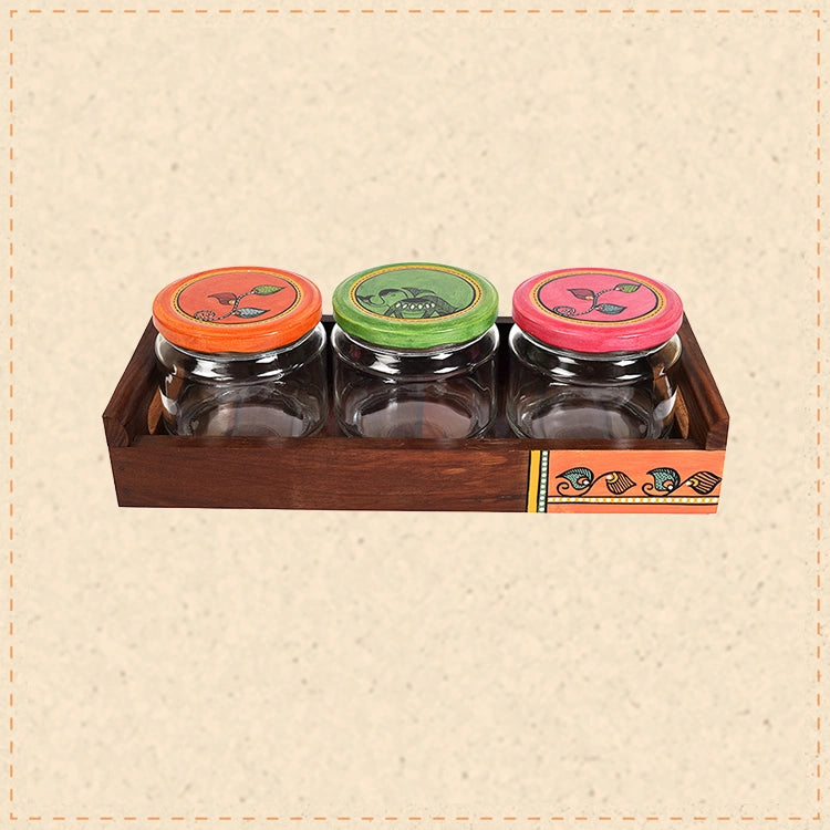 Tray in wood & 3 Glass Jars Madhubani Lid (Set of 4) (11.5x5.5)