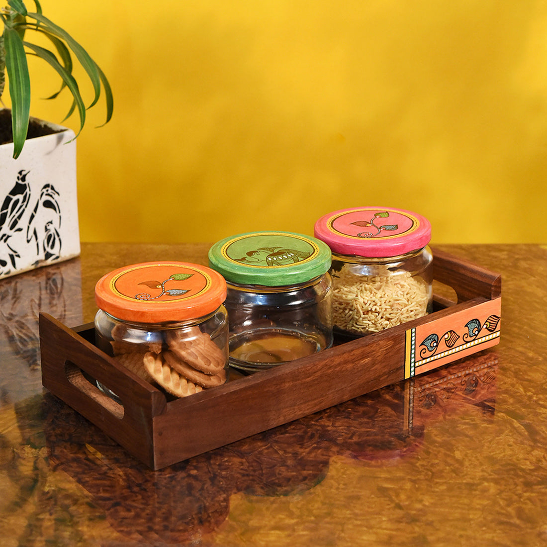 Tray in wood & 3 Glass Jars Madhubani Lid (Set of 4) (11.5x5.5)