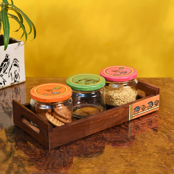 Tray in wood & 3 Glass Jars Madhubani Lid (Set of 4) (11.5x5.5)