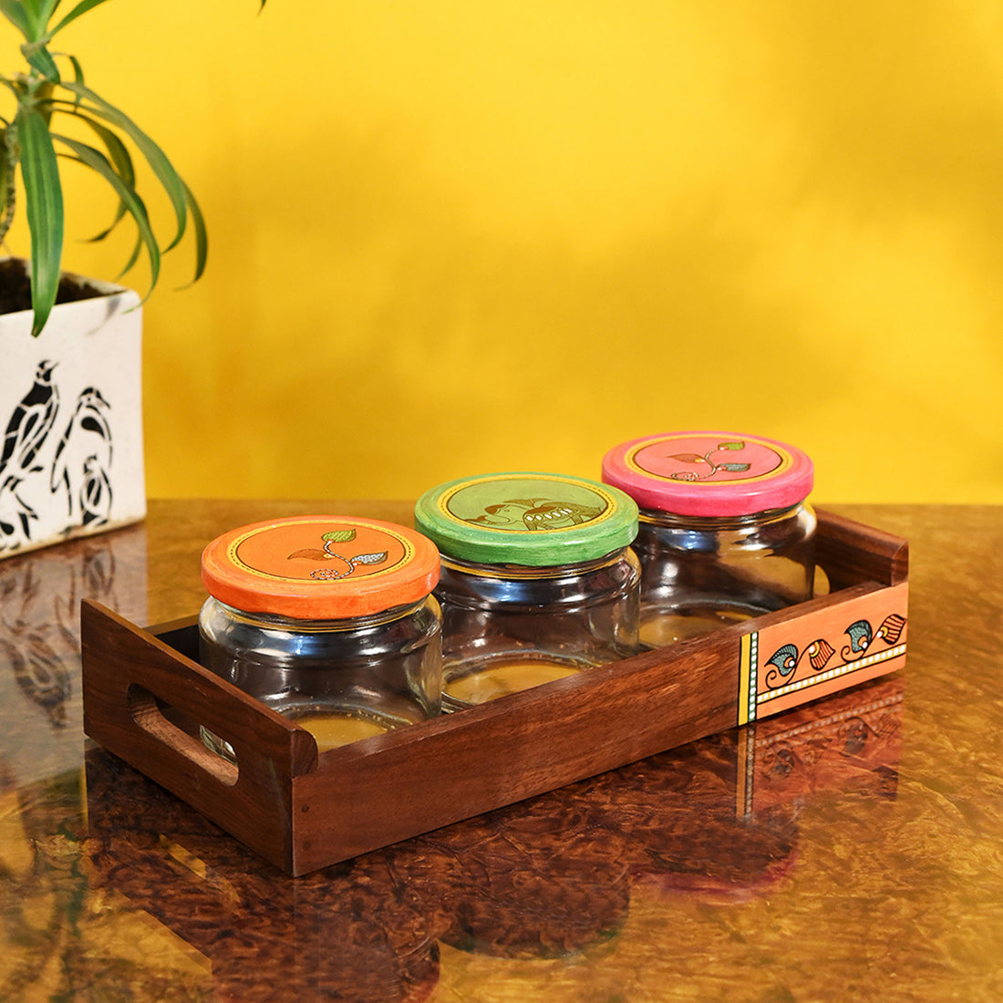 Tray in wood & 3 Glass Jars Madhubani Lid (Set of 4) (11.5x5.5)