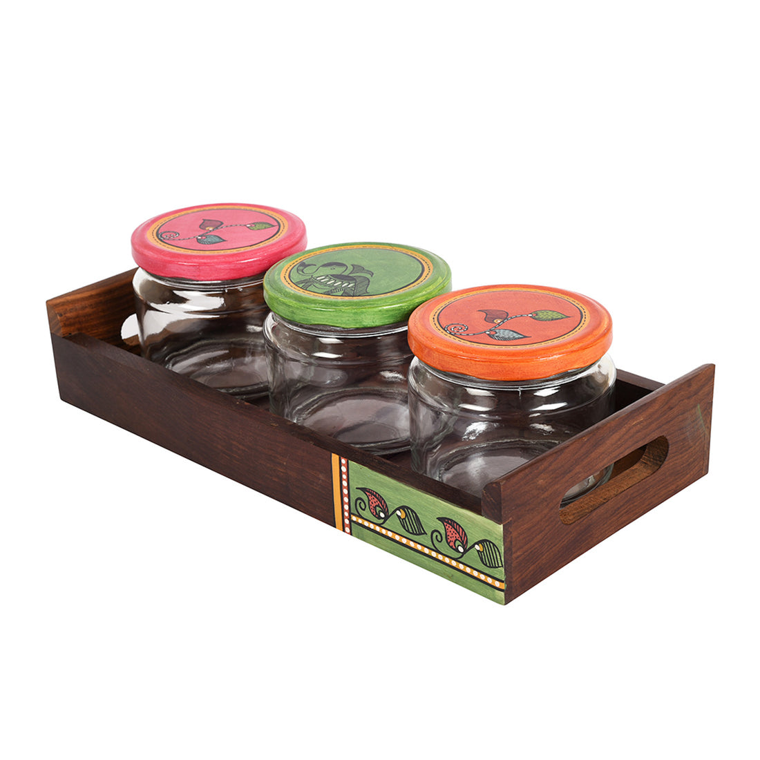 Tray in wood & 3 Glass Jars Madhubani Lid (Set of 4) (11.5x5.5)