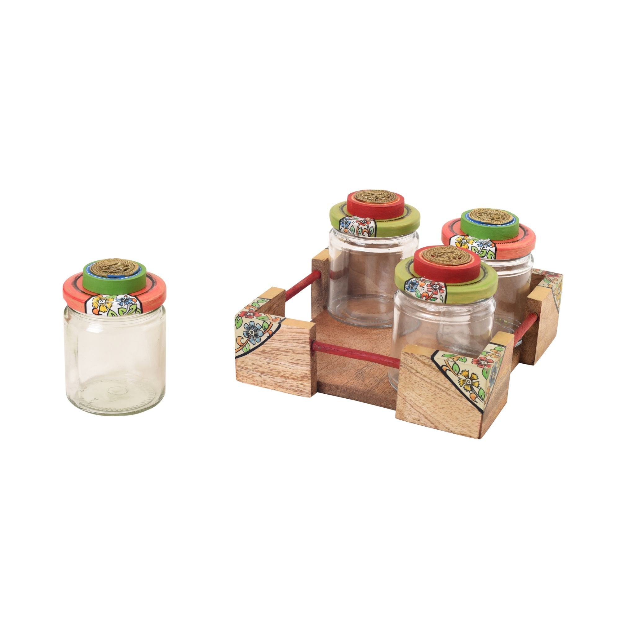 Chic Wooden Tray with Four Jars