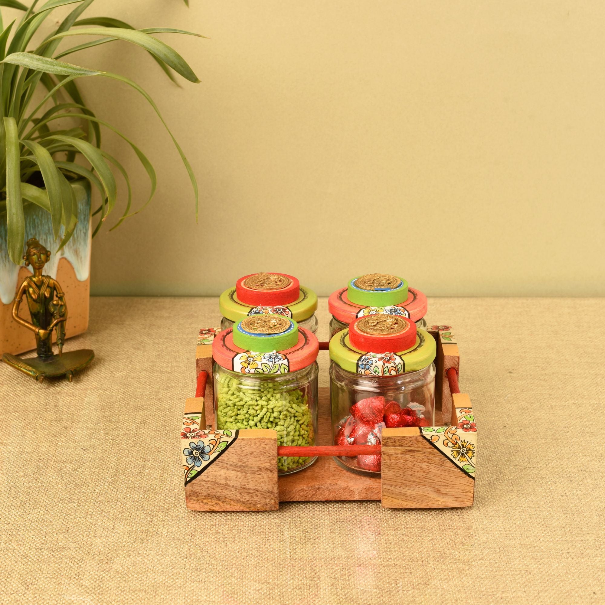 Chic Wooden Tray with Four Jars