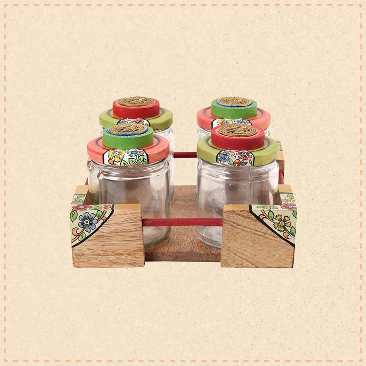 Chic Wooden Tray with Four Jars