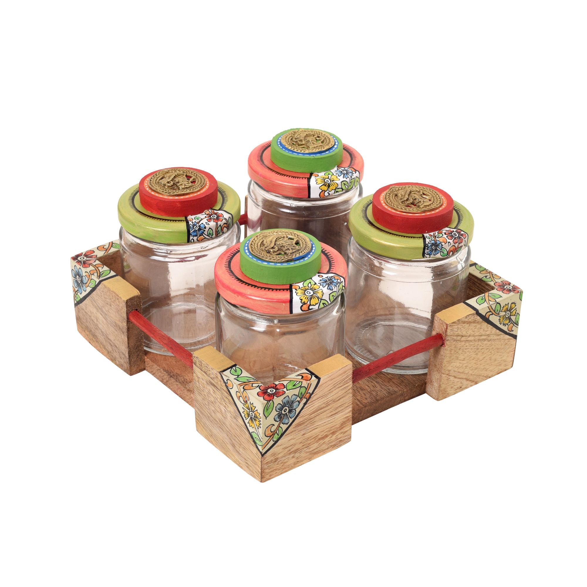 Chic Wooden Tray with Four Jars