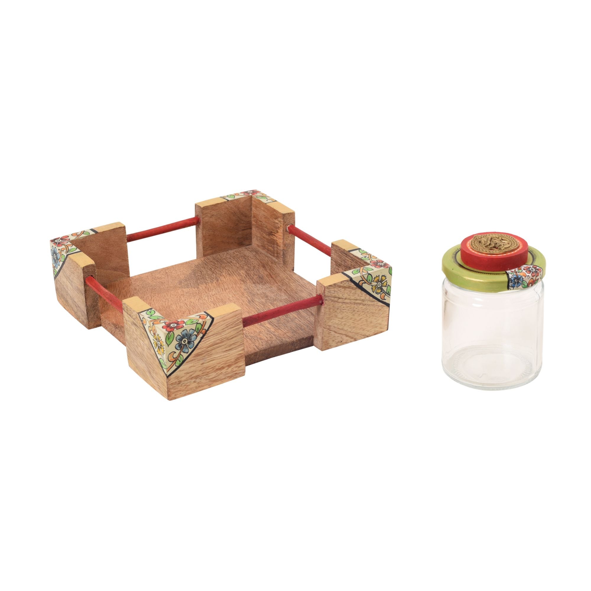 Chic Wooden Tray with Four Jars