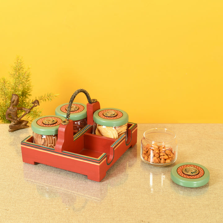 Sea Green Storage Jars in Handcrafted Tray with Brass Handle