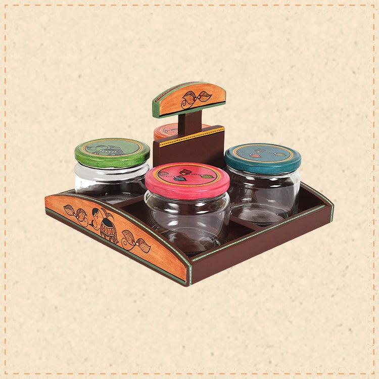 Tray in Wood & 4 Glass Jaar Madhubani Brown (Set of 5) (9.5x9.5x6.4)