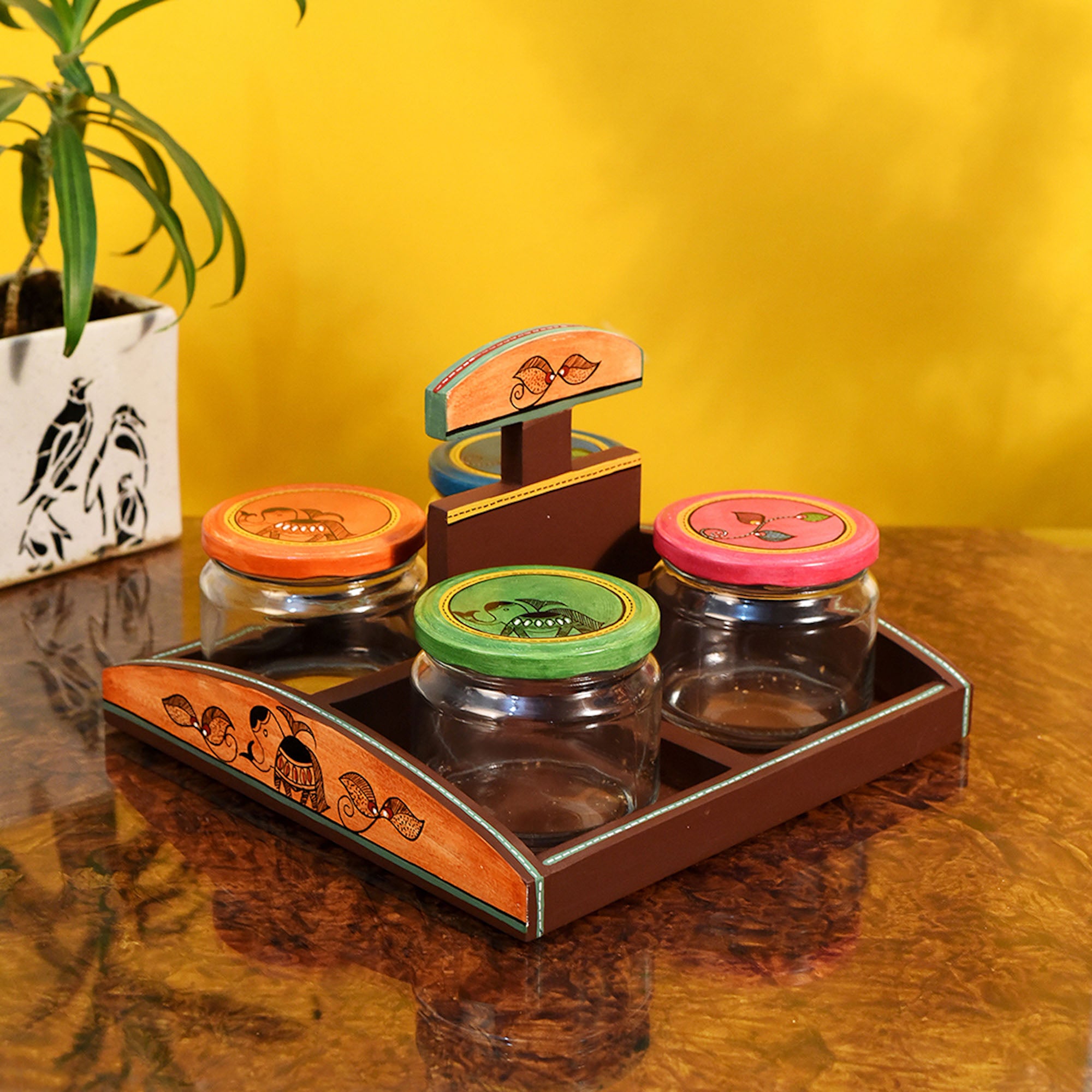 Tray in Wood & 4 Glass Jaar Madhubani Brown (Set of 5) (9.5x9.5x6.4)