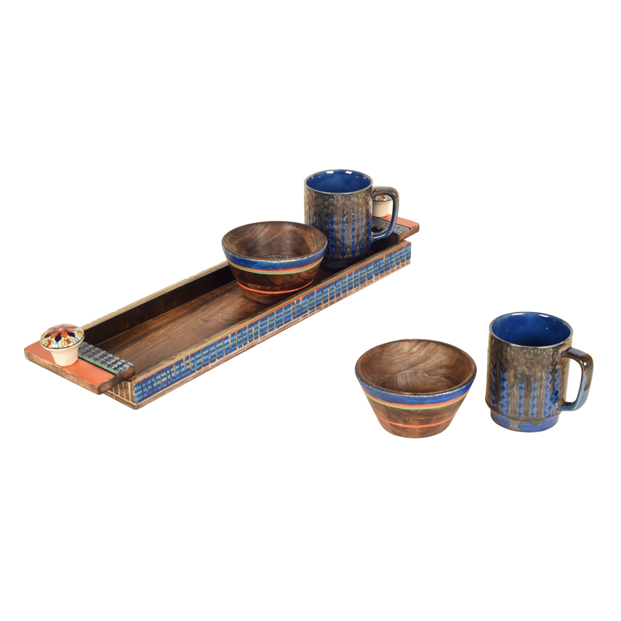 Azure Handcrafted Breakfast Set of 2 Cups and 2 Wooden Bowls (18x5x4)