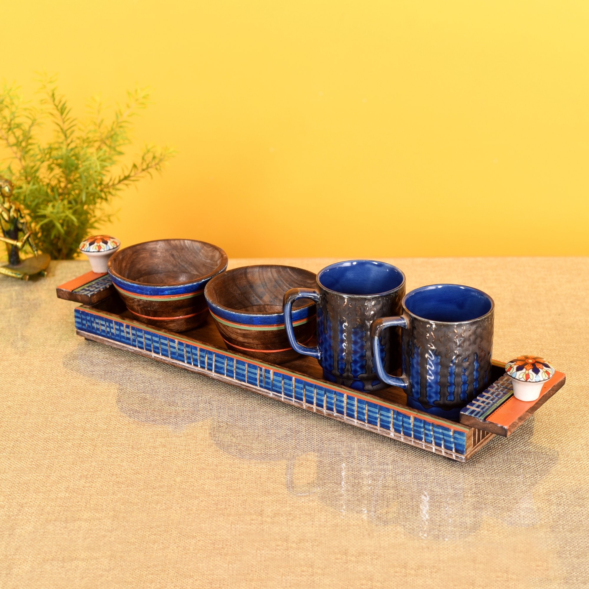 Azure Handcrafted Breakfast Set of 2 Cups and 2 Wooden Bowls (18x5x4)
