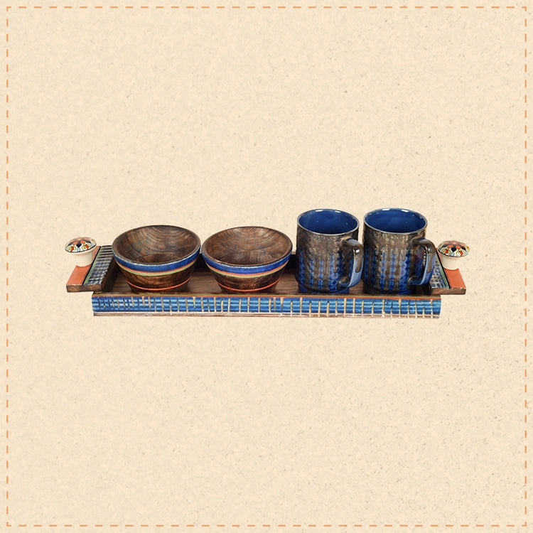 Azure Handcrafted Breakfast Set of 2 Cups and 2 Wooden Bowls (18x5x4)