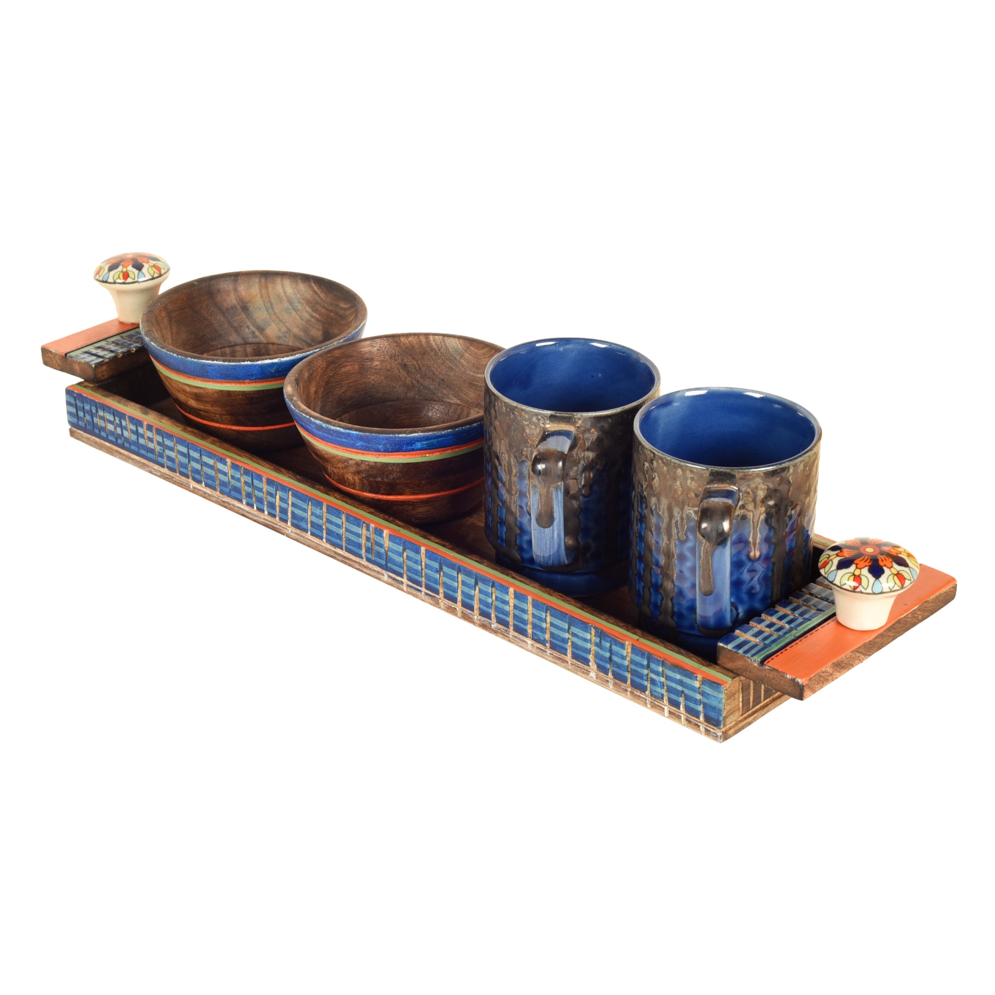 Azure Handcrafted Breakfast Set of 2 Cups and 2 Wooden Bowls (18x5x4)