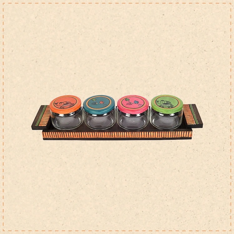 Tray & 4 Glass Jaar Madhubani Brown (Set of 5) (17.5x5x5)