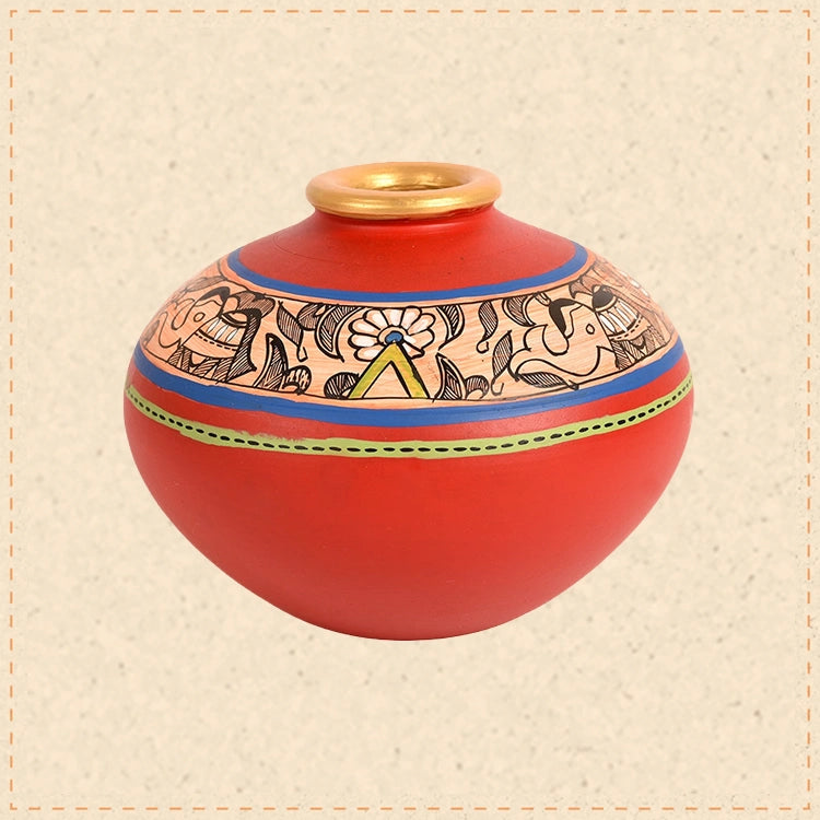 Vase Earthen Handcrafted Red Madhubani 4.5x5.5(HxD)