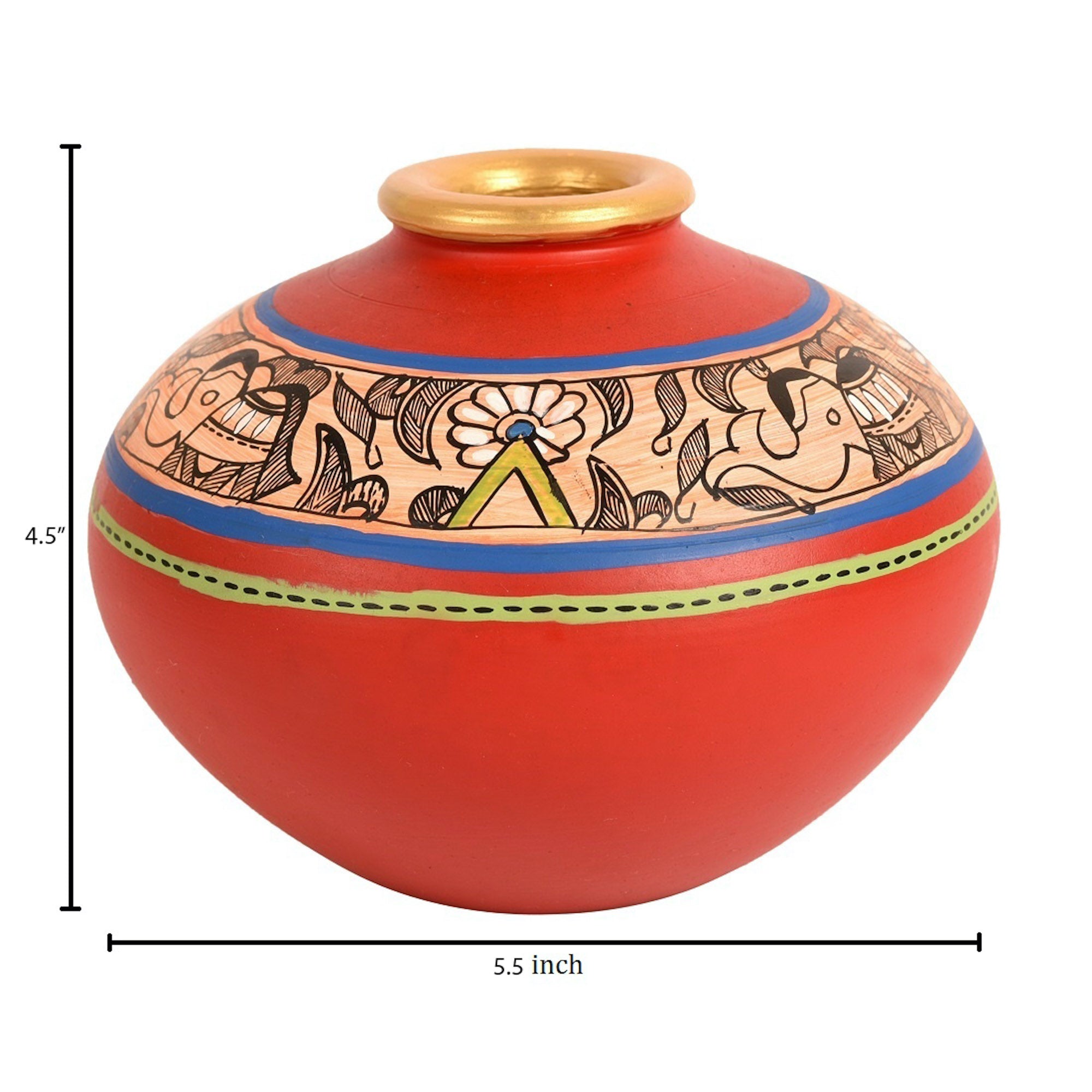 Vase Earthen Handcrafted Red Madhubani 4.5x5.5(HxD)