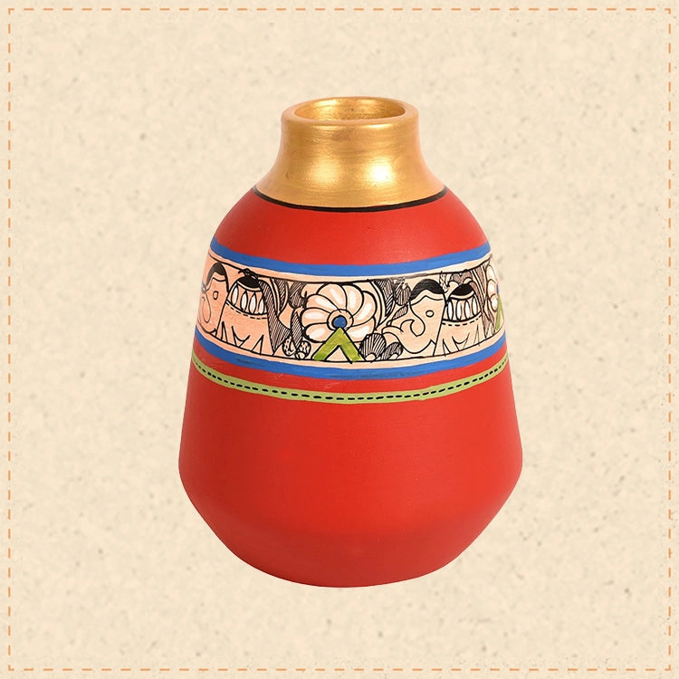 Vase Earthen Handcrafted Red Madhubani 6.5x5.5(HxD)