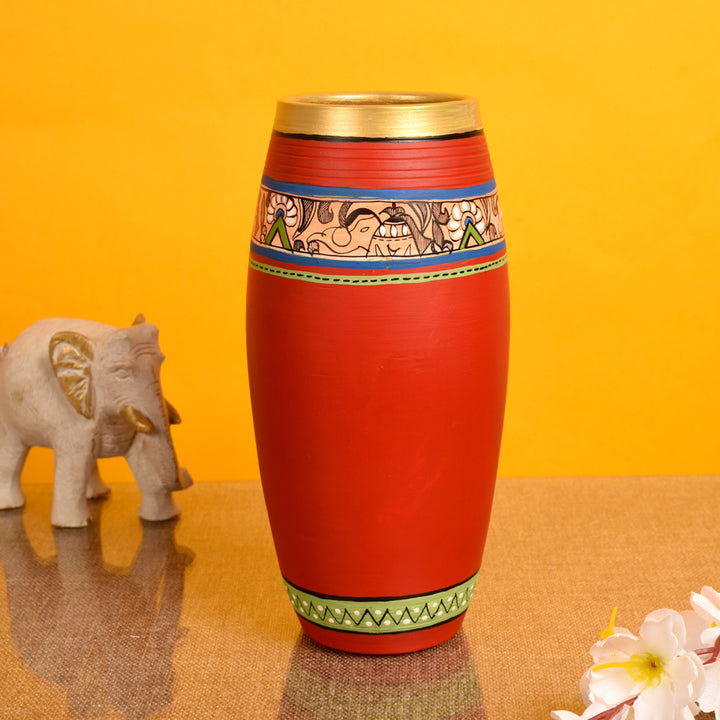 Vase Earthen Handcrafted Red Madhubani 9x4(HxD)