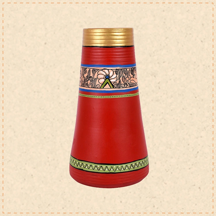 Vase Earthen Handcrafted Red Madhubani 9x4.5(HxD)