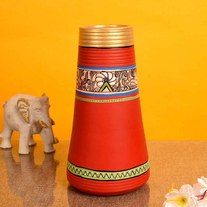 Vase Earthen Handcrafted Red Madhubani 9x4.5(HxD)