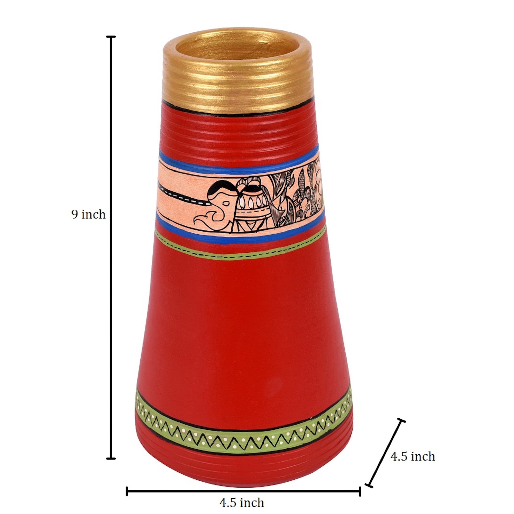 Vase Earthen Handcrafted Red Madhubani 9x4.5(HxD)