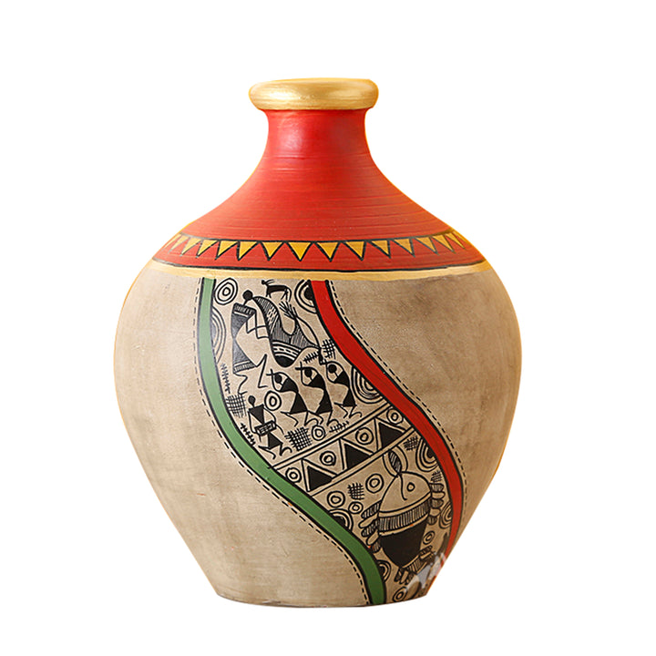 Vase Earthen Handcrafted Red & Gold Warli 5x4(HxD)