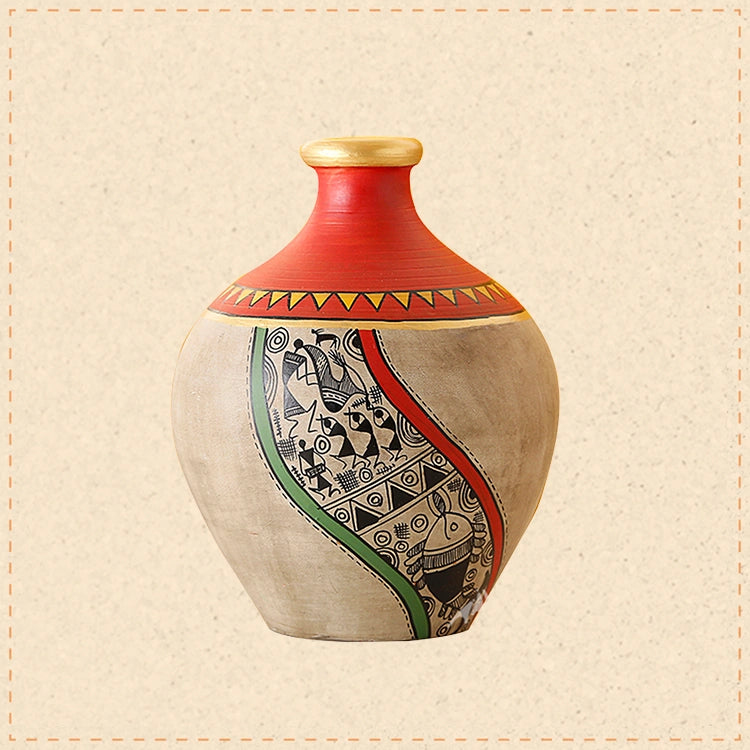 Vase Earthen Handcrafted Red & Gold Warli 5x4(HxD)