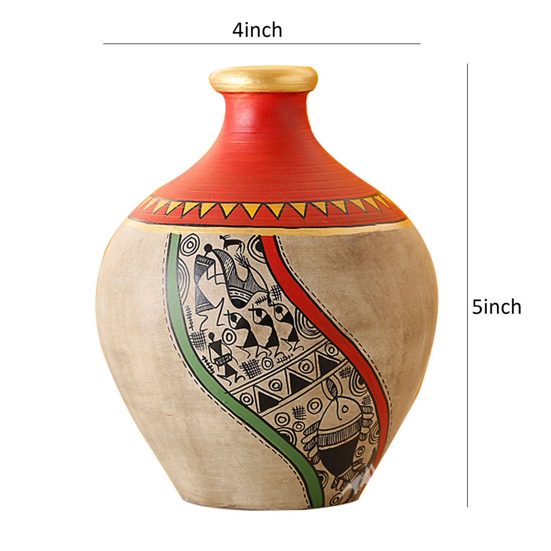 Vase Earthen Handcrafted Red & Gold Warli 5x4(HxD)