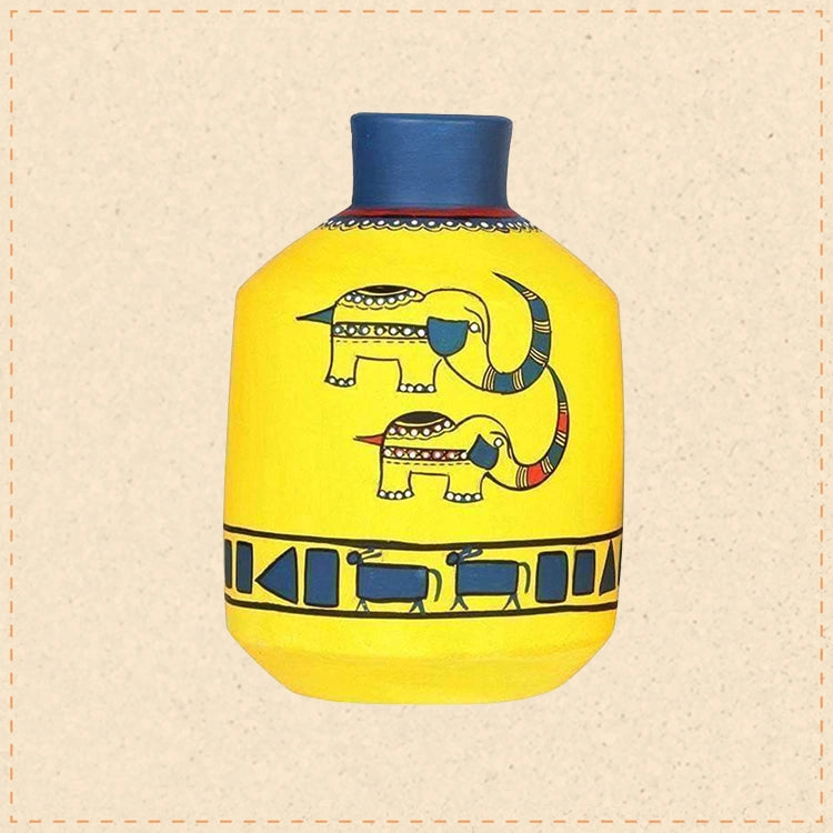 Happy Elephants Madhubani Yellow Vase (4.2x4.2x6.7)