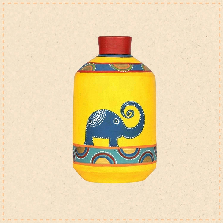 Happy Elephants Madhubani Yellow Vase (4.6x4.6x8)