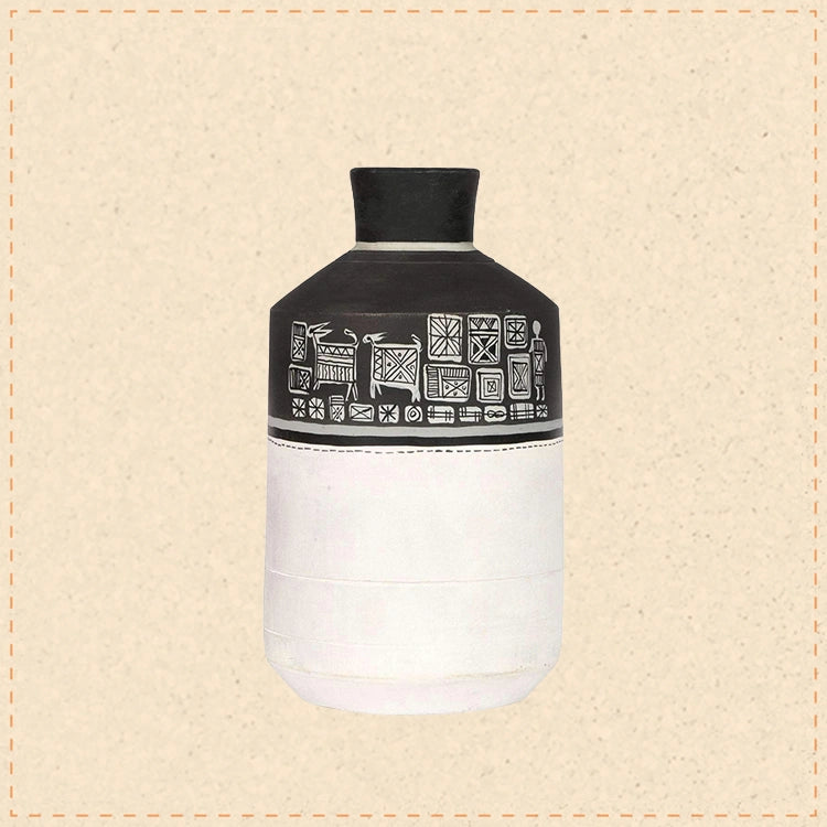 Vase Earthen Handcrafted Black & White Warli 4.6x8.2(HxD)