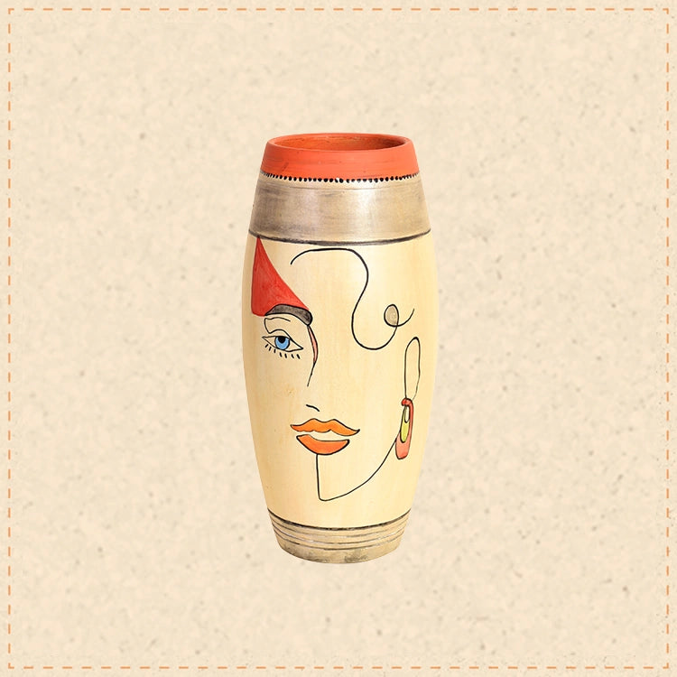 Artistic Face Motif Terracotta Jar for Boho Home Décor