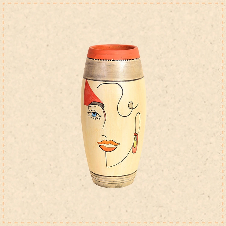 Artistic Face Motif Terracotta Jar for Boho Home Décor